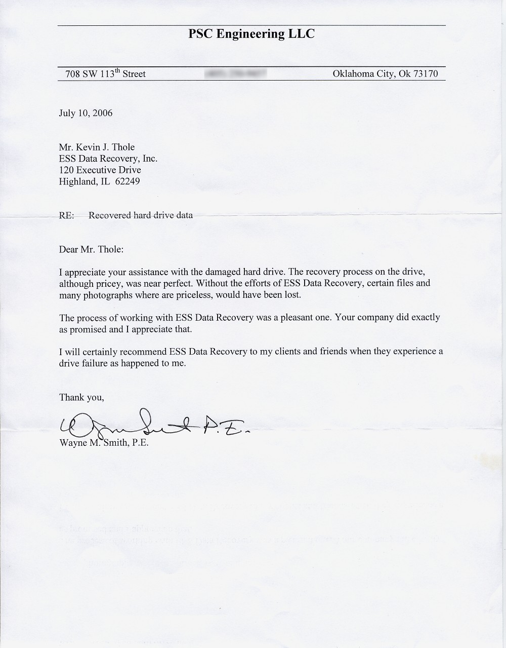 PSC Engineering, LLC testimonial letter